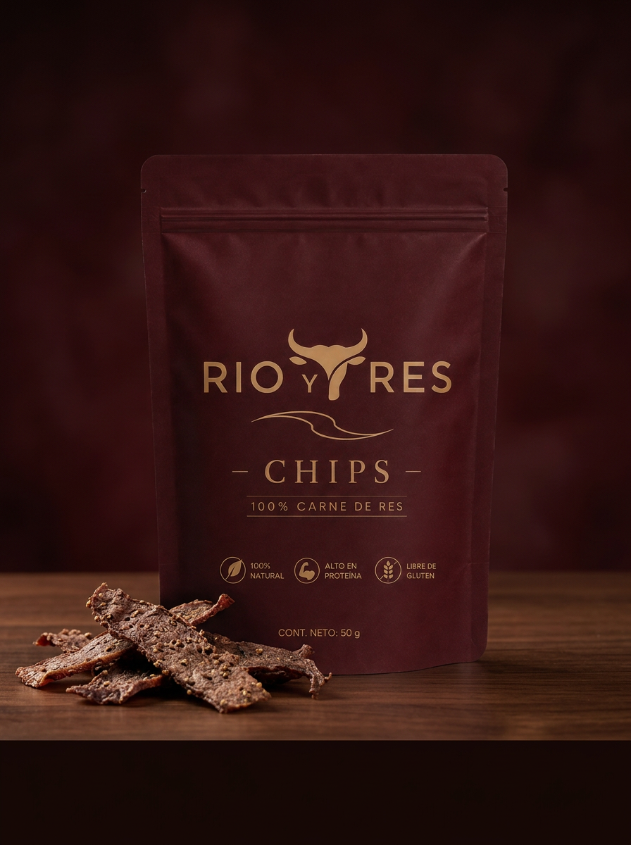 Doypack burdeos de RÍO Y RES Chips de frente sobre una mesa de madera, con láminas de chips de carne